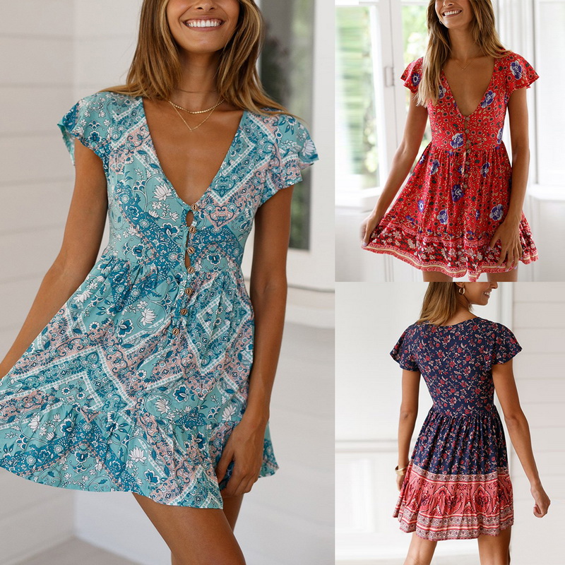 Damen Knopfleiste V-Ausschnitt Boho Floral Mini Kurzarm Sommerkleid Strand Kleid
