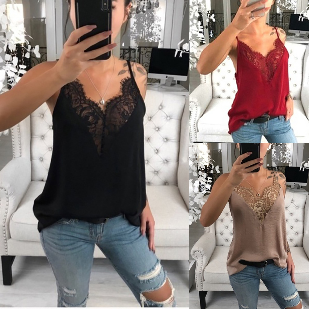 Damen Spitzen V-Ausschnitt T-shirt Bluse Sommer Ärmellos Lace Up Weste Tank Tops